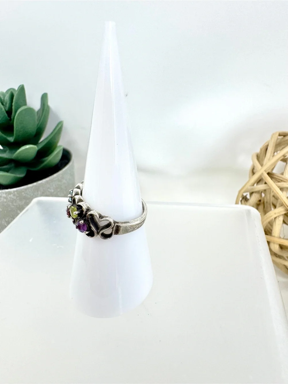 Vintage PL Signed 925 Sterling Silver Multi-Gemstone Heart Band Ring